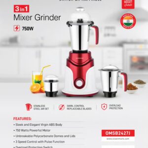 3 IN 1 Indian Mixer Grinder Juicer OMSB2427J, 750W Powerful Motor with Stainless Steel Jars and Blades, 3 Jars with 3 Speed Control Unbreakable Polycarbonate Jar Caps, Multicolour 0 L 750 W OMSB2427K Multicolour - Image 5