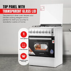 60*60 Cm Cooking Range, 4 Gas Euro Pool Type Burners & 3mm Flat Burner Caps, Double Knobs Control Oven Lamp, Turnspit, Convection Single Oven, /Grill & Rotisserie Function, Glass Top Lid, Push Button Ignition, 1 Year Warranty GCR6057 Silver/black - Image 5