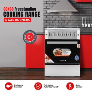 60*60 Cm Cooking Range, 4 Gas Euro Pool Type Burners & 3mm Flat Burner Caps, Double Knobs Control Oven Lamp, Turnspit, Convection Single Oven, /Grill & Rotisserie Function, Glass Top Lid, Push Button Ignition, 1 Year Warranty GCR6057 Silver/black - Image 7