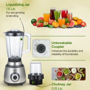 2 in 1 Powerful Blender - Powerful Copper Motor, 1.6L Unbreakable Blender Jar, 150g Grinding Jar, Ice-Crushing Blades, Stainless Steel Housing, 4 Speeds, Motor Overheat Protection 600 W BL3508 Black & Grey - Image 3