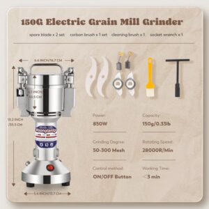 Grain Mill Grinder Electric 150g Commercial Spice Grinder 850W Stainless Steel Pulverizer Dry Grinding Machine for Wheat Corn Rice Pepper Herbs Coffee Beans (150g Upright, 110V) - Image 3