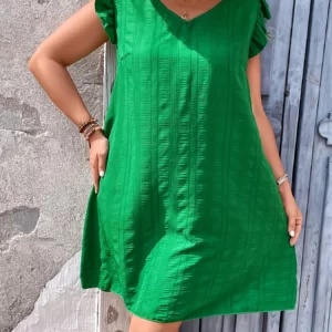 Plus Size Summer Women Elegant Dress Casual Vacation Solid Back Knot V Neck Loose Tunic Dresses - Image 6
