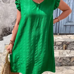 Plus Size Summer Women Elegant Dress Casual Vacation Solid Back Knot V Neck Loose Tunic Dresses - Image 5