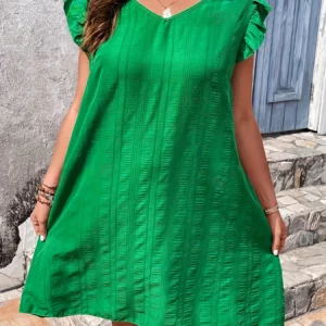 Plus Size Summer Women Elegant Dress Casual Vacation Solid Back Knot V Neck Loose Tunic Dresses - Image 3