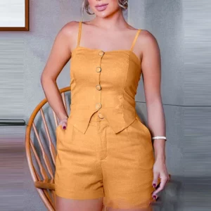 Ladies 2025 Button Strap Vest Tops&Pockets Pants Commuter Solid Color 2Pcs Office Slim Suit 2025 Elegant Bodycon Women's Outfit - Image 7