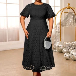 African Women Church A Line Lace Dress Elegant Flower Hollow Out O Neck Short Lantern Sleeves High Waist Office Evening Outfits - Image 5