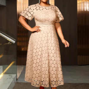 African Women Church A Line Lace Dress Elegant Flower Hollow Out O Neck Short Lantern Sleeves High Waist Office Evening Outfits - Image 7