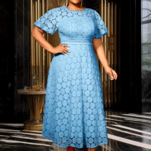 African Women Church A Line Lace Dress Elegant Flower Hollow Out O Neck Short Lantern Sleeves High Waist Office Evening Outfits - Image 8