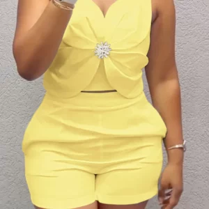 2 Pieces Outfit Rhinestone Decor Shirred Crop Tank and Casual Floral Print Shorts Set With Pockets - Image 5