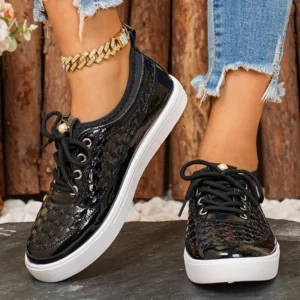 Black Patent Leather Sneakers for Women Outdoor Low Top Flat Heel Walking Shoes Woman Lace Up Plus Size Women's Vulcanize Shoes - Image 7