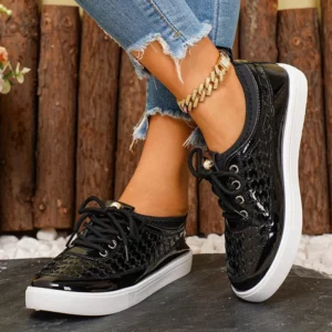 Black Patent Leather Sneakers for Women Outdoor Low Top Flat Heel Walking Shoes Woman Lace Up Plus Size Women's Vulcanize Shoes - Image 6