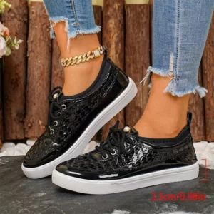 Black Patent Leather Sneakers for Women Outdoor Low Top Flat Heel Walking Shoes Woman Lace Up Plus Size Women's Vulcanize Shoes - Image 5