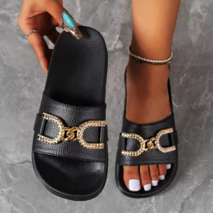 Women's summer fashion gold decorative buckle non slip light comfortable breathable round head indoor and outdoor slippers - Image 5