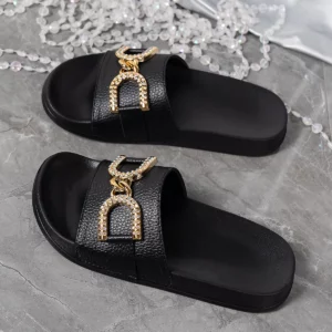 Women's summer fashion gold decorative buckle non slip light comfortable breathable round head indoor and outdoor slippers - Image 4