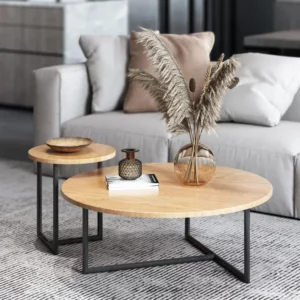 l # Brown Solid Wood Center Coffee Table Set Iron Frame Tea Table - Image 1