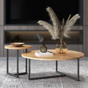 l # Brown Solid Wood Center Coffee Table Set Iron Frame Tea Table - Image 2