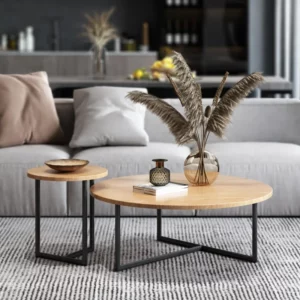 l # Brown Solid Wood Center Coffee Table Set Iron Frame Tea Table - Image 3