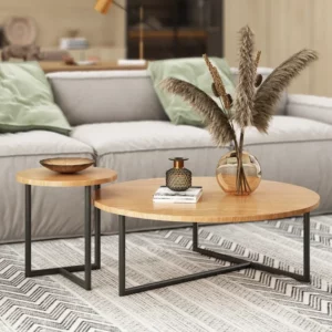 l # Brown Solid Wood Center Coffee Table Set Iron Frame Tea Table - Image 4
