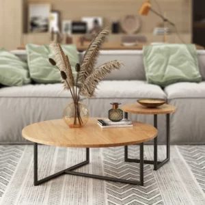 l # Brown Solid Wood Center Coffee Table Set Iron Frame Tea Table - Image 5