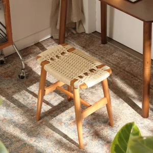 French Solid Wood Shoe Stool Woven Rattan Side Table Compact Dressing Table Ottoman Versatile Bedside Cabinet - Image 2