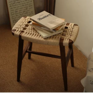 French Solid Wood Shoe Stool Woven Rattan Side Table Compact Dressing Table Ottoman Versatile Bedside Cabinet - Image 6