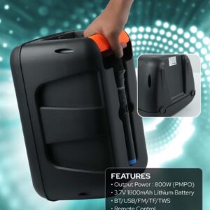 Impex 8 Inch Portable Trolley Bluetooth Speaker - 800W PMPO, BT/FM/USB/TF/AUX, TWS Function, Wireless Mic, LED Display & Light, Inbuilt 1800mAh Rechargeable Battery With Type-C Charging Black - Image 6