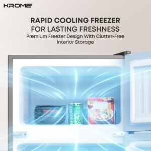 Krome Double Door Refrigerator, 138L Gross / 90L Net Capacity, Direct Cool, Top Mount Freezer, Glass Shelves, Lock And Key, Dark Silver Finish, R600a Refrigerant KR-RF138DDSG Grey - Image 4