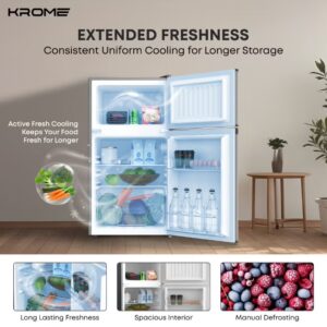 Krome Double Door Refrigerator, 138L Gross / 90L Net Capacity, Direct Cool, Top Mount Freezer, Glass Shelves, Lock And Key, Dark Silver Finish, R600a Refrigerant KR-RF138DDSG Grey - Image 3