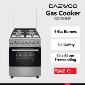 DAEWOO 60X60Cm Freestanding Cooker, Full Gas Cooking Range With 4 Burners, Automatic Ignition And Safety, Cast Iron Pan Support, Stainless Steel Finish, Separate Knob For Oven Grill, Made In Türkiye DGC-665BSF Grey/Black - Image 6