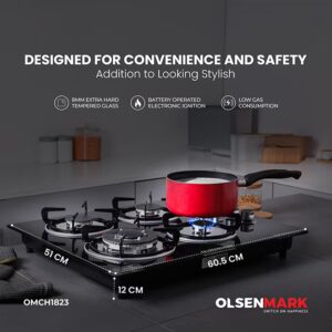 Olsenmark 4 in 1 Built In Gas Hob OMCH1823, 8 mm Black Tempered Glass Top, 4 Brass Burners, Low Consumption and Improved Flow, Battery and Electronic Auto Ignition OMCH1823 Black - Image 8