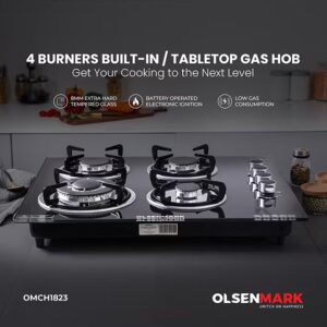 Olsenmark 4 in 1 Built In Gas Hob OMCH1823, 8 mm Black Tempered Glass Top, 4 Brass Burners, Low Consumption and Improved Flow, Battery and Electronic Auto Ignition OMCH1823 Black - Image 10