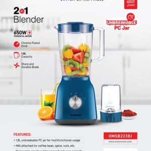 Olsenmark 2-In-1 Juicer Blender Chopper Set 1.8 L OMSB2238, 650W Powerful Motor With 2 Speed Setting And Pulse, Transparent And Unbreakable Plastic Jars With Stainless Steel Blade, Grinder Attachment 1.8 L 650 W OMSB2238 Blue/Clear - Image 3