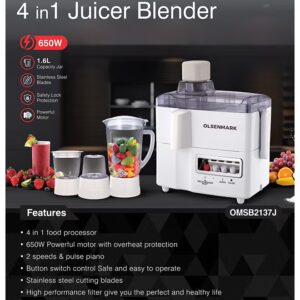 Olsenmark 4-In-1 Juicer Blender / Food Processor with Stainless Steel Blades, Overheat Protection & Safety Lock, Durable & Easy to Use and 2 Speeds with Pulse Function 1.8 L 650 W OMSB2137J White - Image 5
