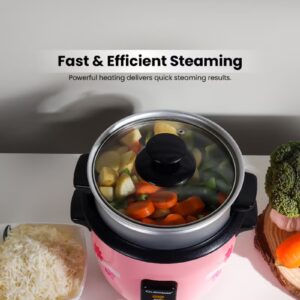 Olsenmark 0.6 L Multifunctional Rice Cooker With Non-Stick Inner Pot With Cool Touch Handle/Includes Cook And Keep Warm Functions, Equipped With Tempered Glass Lid, Rice Spoon, Plastic Inner Steamer And Measuring Cup 0.6 L 350 W OMRC2350H Pink/Silver - Image 8