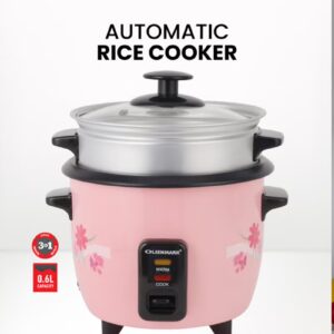 Olsenmark 0.6 L Multifunctional Rice Cooker With Non-Stick Inner Pot With Cool Touch Handle/Includes Cook And Keep Warm Functions, Equipped With Tempered Glass Lid, Rice Spoon, Plastic Inner Steamer And Measuring Cup 0.6 L 350 W OMRC2350H Pink/Silver - Image 9