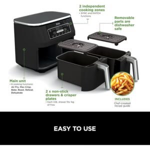 Ninja Foodi Dual Zone Digital Air Fryer, 2 Drawers, 7.6L, 6-In-1, Uses No Oil, Air Fry, Max Crisp, Roast, Bake, Reheat, Dehydrate, Cooks 4-6 Portions, Non-Stick, Dishwasher Safe Baskets 7.6 L 2470 W AF300ME/AF300EU Black - Image 9
