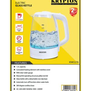 KRYPTON Electric Glass Kettle,360-Degree Rotational Base 1.7 L 2200 W KNK5276 Clear - Image 3