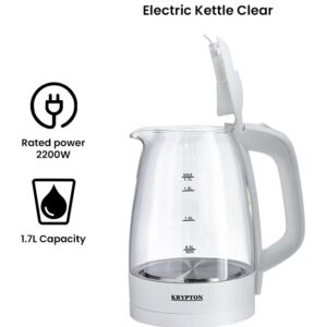 KRYPTON Electric Glass Kettle,360-Degree Rotational Base 1.7 L 2200 W KNK5276 Clear - Image 6