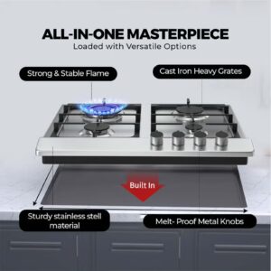NIKAI 4 Burner Gas Hob With Auto Ignition, Cast Iron Support, Full Safety Features, Straight Flame, Stainless Steel Body, Rapid Burner, Semi-Rapid Burner, Auxiliary Burner NGH3005N Silver - Image 2