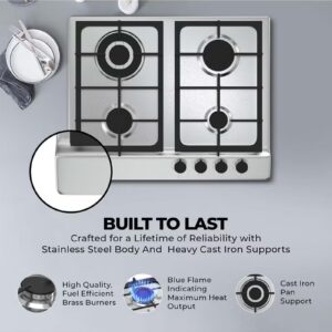 NIKAI 4 Burner Gas Hob With Auto Ignition, Cast Iron Support, Full Safety Features, Straight Flame, Stainless Steel Body, Rapid Burner, Semi-Rapid Burner, Auxiliary Burner NGH3005N Silver - Image 3