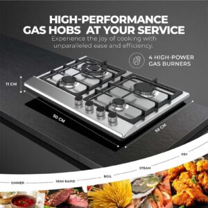 NIKAI 4 Burner Gas Hob With Auto Ignition, Cast Iron Support, Full Safety Features, Straight Flame, Stainless Steel Body, Rapid Burner, Semi-Rapid Burner, Auxiliary Burner NGH3005N Silver - Image 4