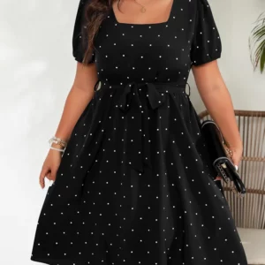 GIBSIE Plus Size Square Neck Polka Dot Belted Dress Women's Elegant Retro Puff Sleeve High Waist Summer A-line Big Swing Dresses - Image 1