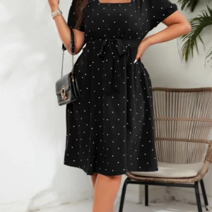 GIBSIE Plus Size Square Neck Polka Dot Belted Dress Women's Elegant Retro Puff Sleeve High Waist Summer A-line Big Swing Dresses - Image 5