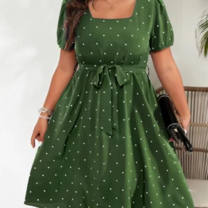 GIBSIE Plus Size Square Neck Polka Dot Belted Dress Women's Elegant Retro Puff Sleeve High Waist Summer A-line Big Swing Dresses - Image 4