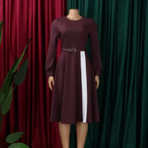 Elegant Party Dresses for Women O Neck Full Sleeve Belt Waisted Mid Calf Pleated Fashion Ladies Birthday Dinner Night Vestidos - Image 3