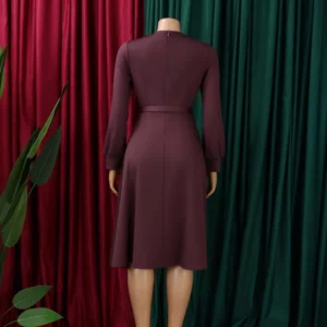 Elegant Party Dresses for Women O Neck Full Sleeve Belt Waisted Mid Calf Pleated Fashion Ladies Birthday Dinner Night Vestidos - Image 5