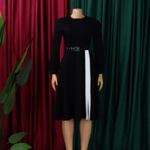 Elegant Party Dresses for Women O Neck Full Sleeve Belt Waisted Mid Calf Pleated Fashion Ladies Birthday Dinner Night Vestidos - Image 4