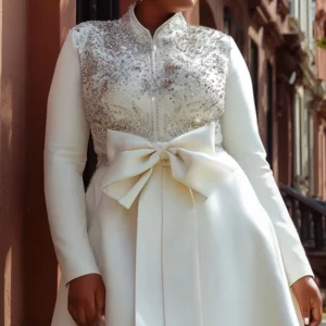Plus Size Semi Formal White Stand-Up Collar Long Sleeve Drilling Elegant Bow Tie Mini Dresses - Image 1