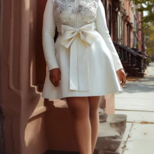Plus Size Semi Formal White Stand-Up Collar Long Sleeve Drilling Elegant Bow Tie Mini Dresses - Image 3