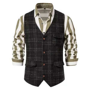 2026 Spring New Casual Mens Woolen Waistcoats Vintage Plaid Textured Button Vest Jackets Men Fashion V Neck Sleeveless Jacket - Image 4